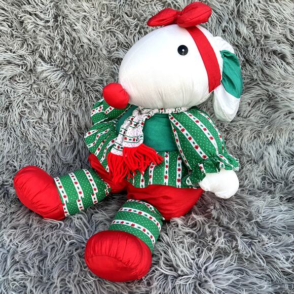 Vintage Nylon Holiday Decor Christmas Girl Miss Mouse Stuffed Animal Plush Puffy - Picture 5 of 11